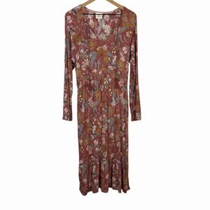 Knox Rose Womens Mauve Pink Floral Maxi Dress Large Tiered Boho Prairie Cottage